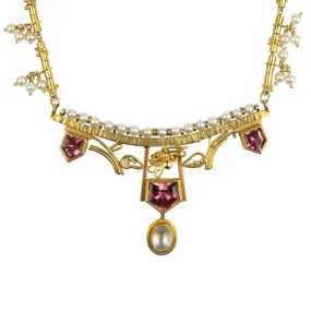 Estate 18K and 22K Yellow Gold Pink Tourmaline, Moonstone, and Pearl Necklace