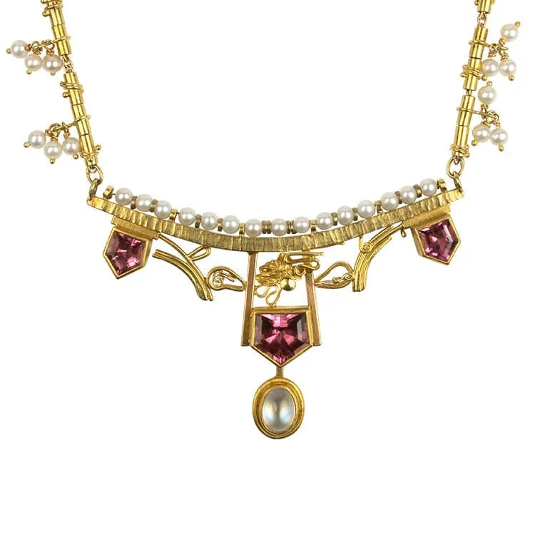 Estate 18K and 22K Yellow Gold Pink Tourmaline, Moonstone, and Pearl Necklace
