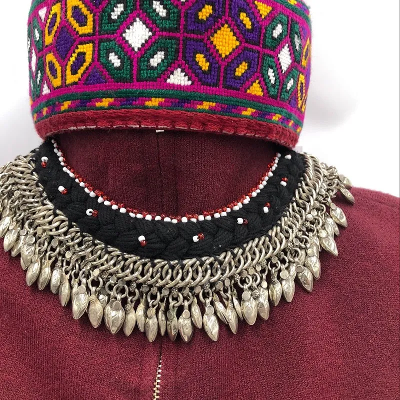 Ethnic Choker Necklace with Silver Metal Heart Beads