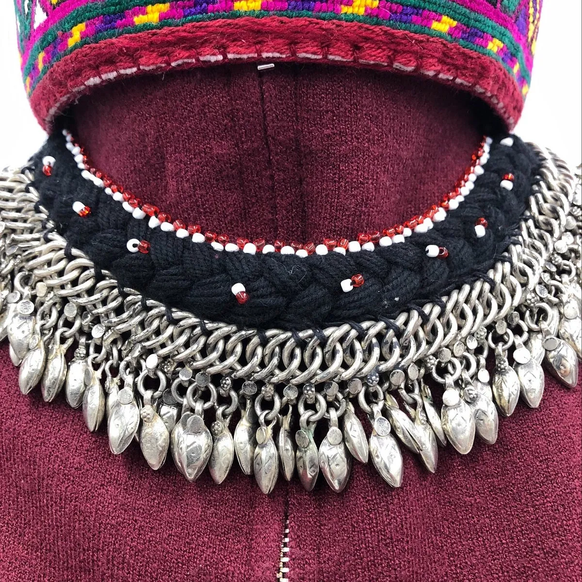 Ethnic Choker Necklace with Silver Metal Heart Beads