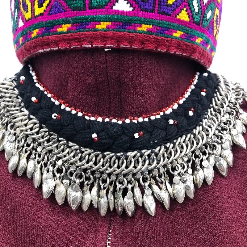 Ethnic Choker Necklace with Silver Metal Heart Beads