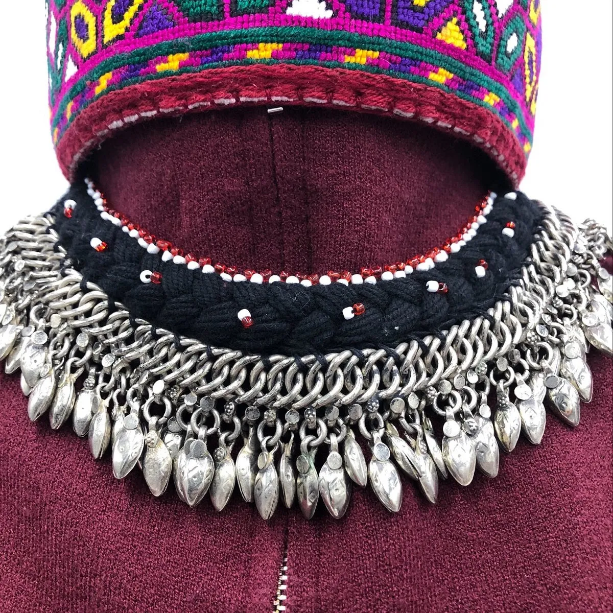 Ethnic Choker Necklace with Silver Metal Heart Beads