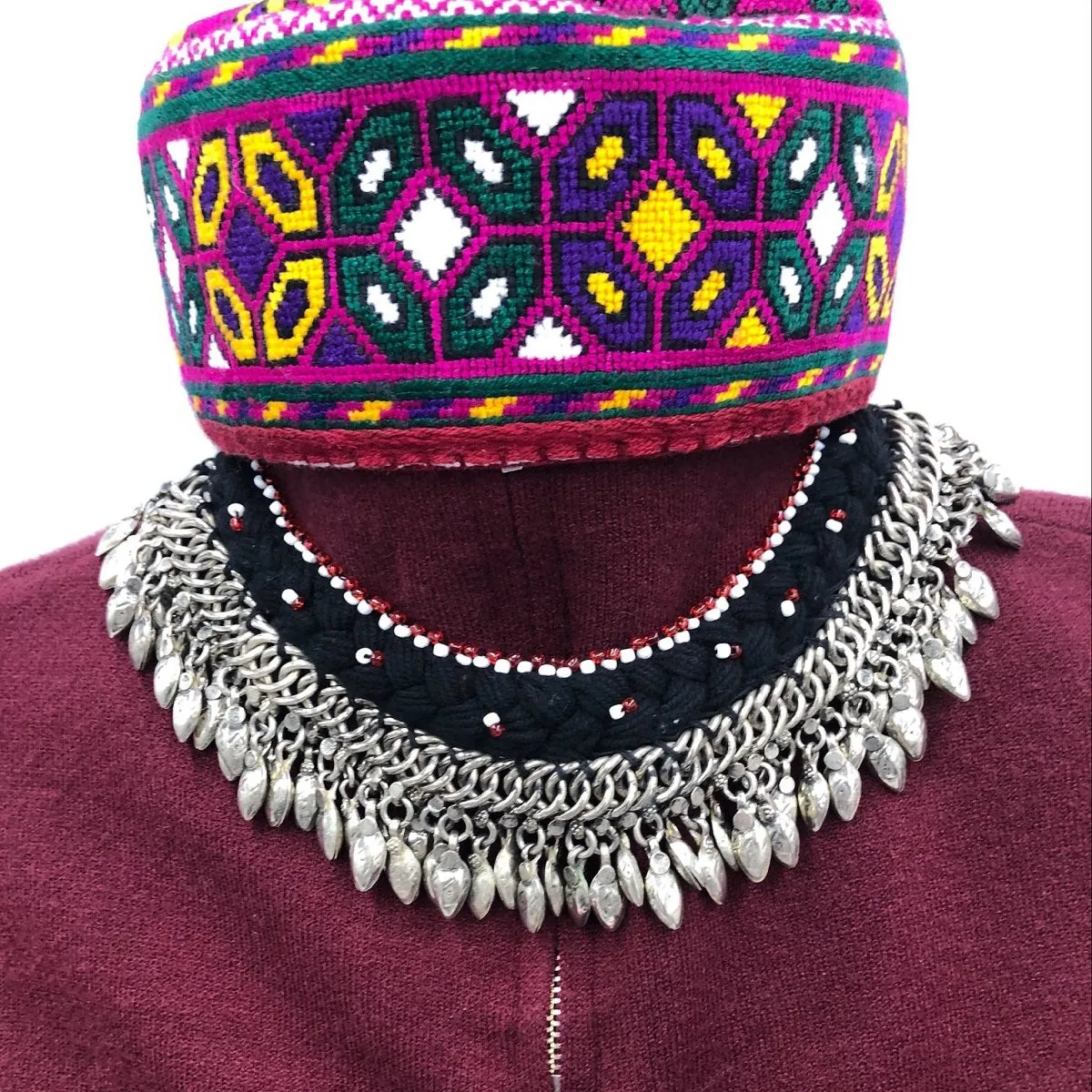 Ethnic Choker Necklace with Silver Metal Heart Beads