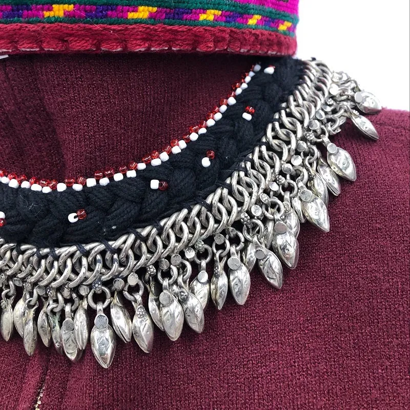 Ethnic Choker Necklace with Silver Metal Heart Beads