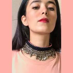 Ethnic Choker Necklace with Silver Metal Heart Beads