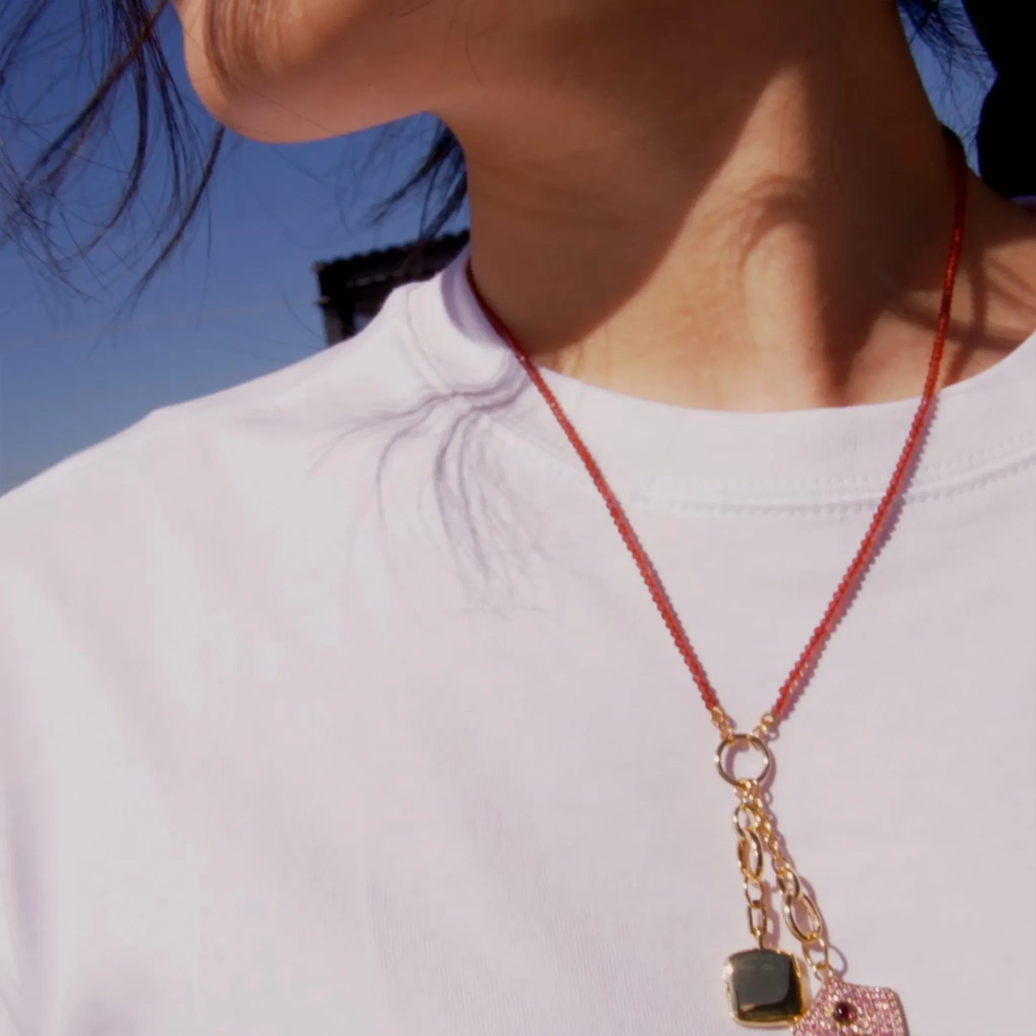 “Fearless” Rhodolite and Pave Pink Sapphire Shield and “Viv” Cushion Locket Charm Necklace