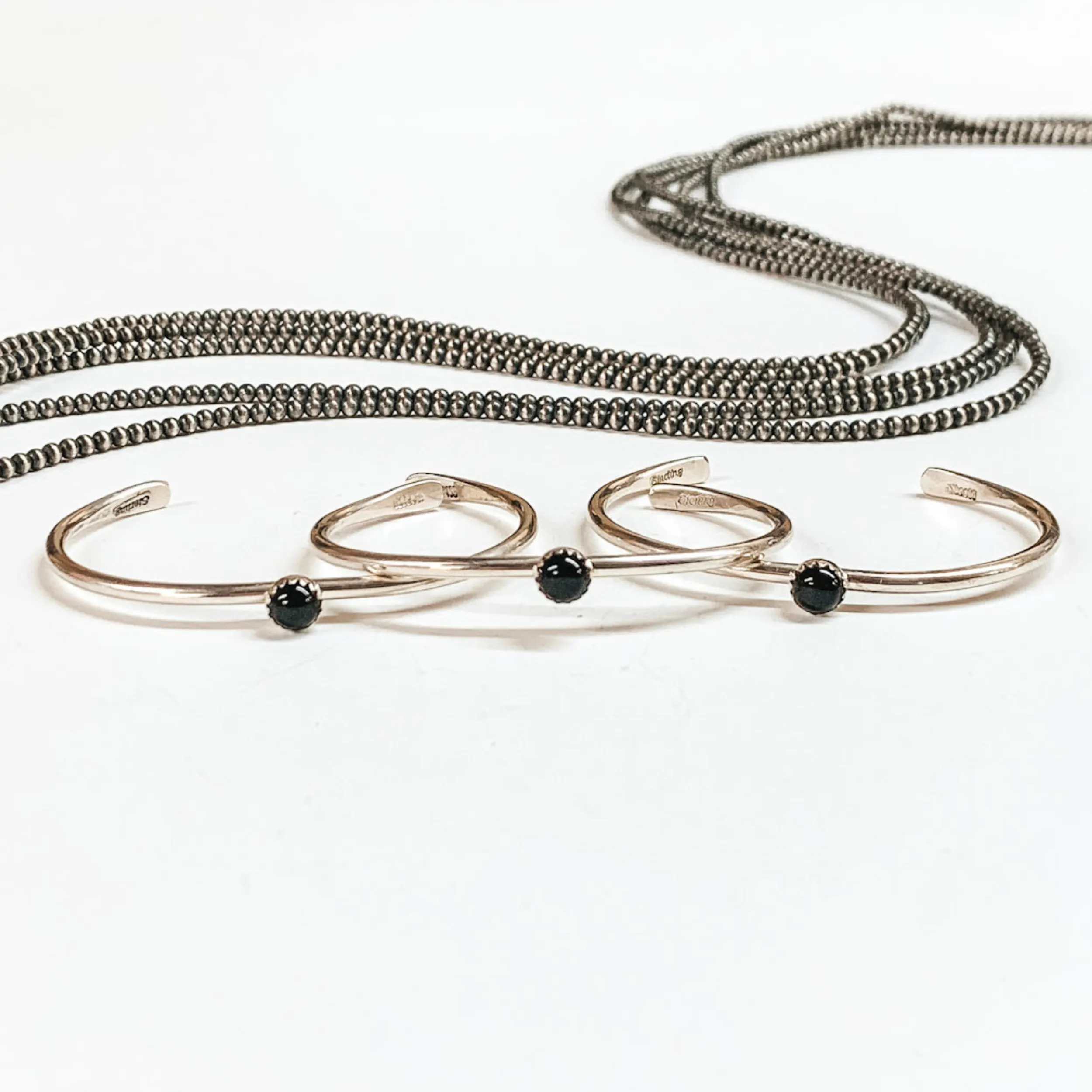 G. Skeets | Navajo Handmade Sterling Silver Cuff with Circle Black Onyx Stone