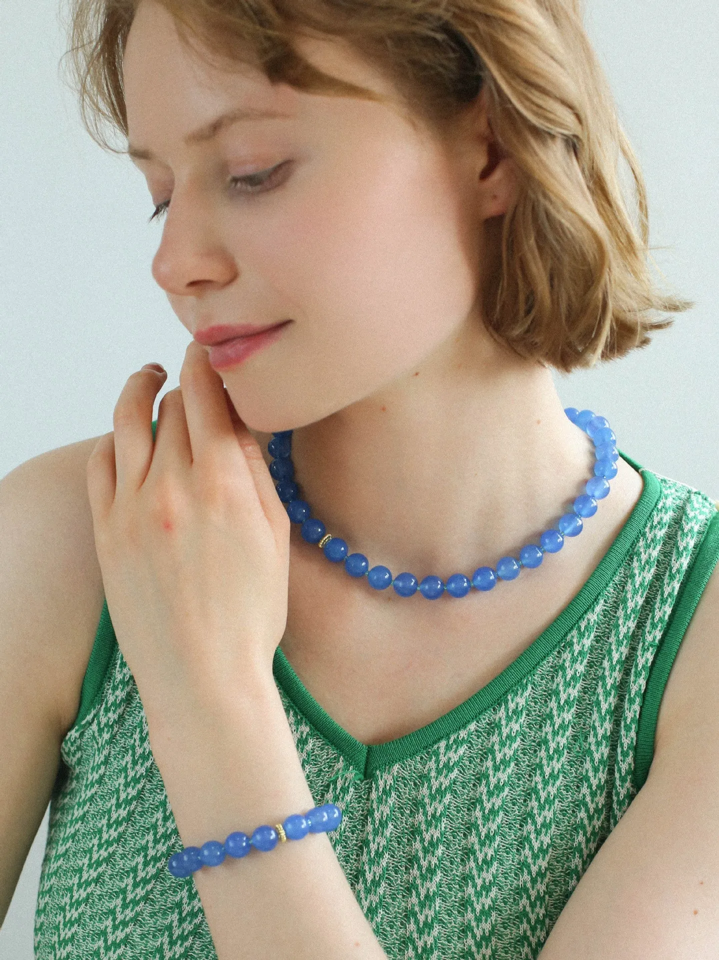 Glacier Blue Onyx Small Fresh Beaded Bracelet