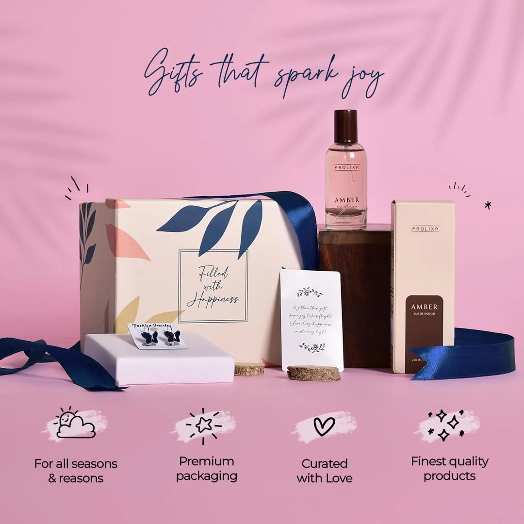 Gleevers Scented Glamour Gift for Women |Gift Box pack of 2 with Amber Perfume (30 ml) and Butterfly Earring | Birthday Gift, Anniversary Gift, Valentine Gift, Secret Santa Gifts