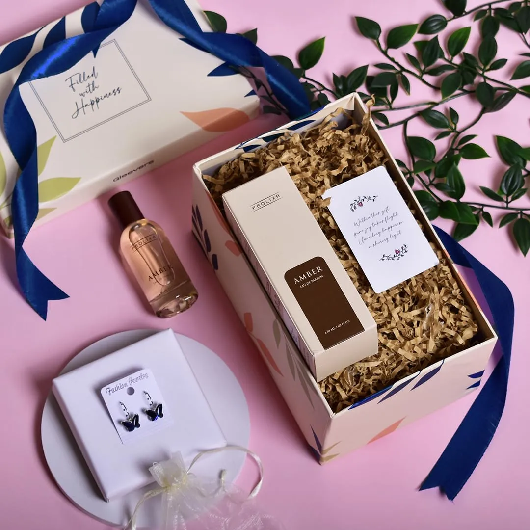 Gleevers Scented Glamour Gift for Women |Gift Box pack of 2 with Amber Perfume (30 ml) and Butterfly Earring | Birthday Gift, Anniversary Gift, Valentine Gift, Secret Santa Gifts