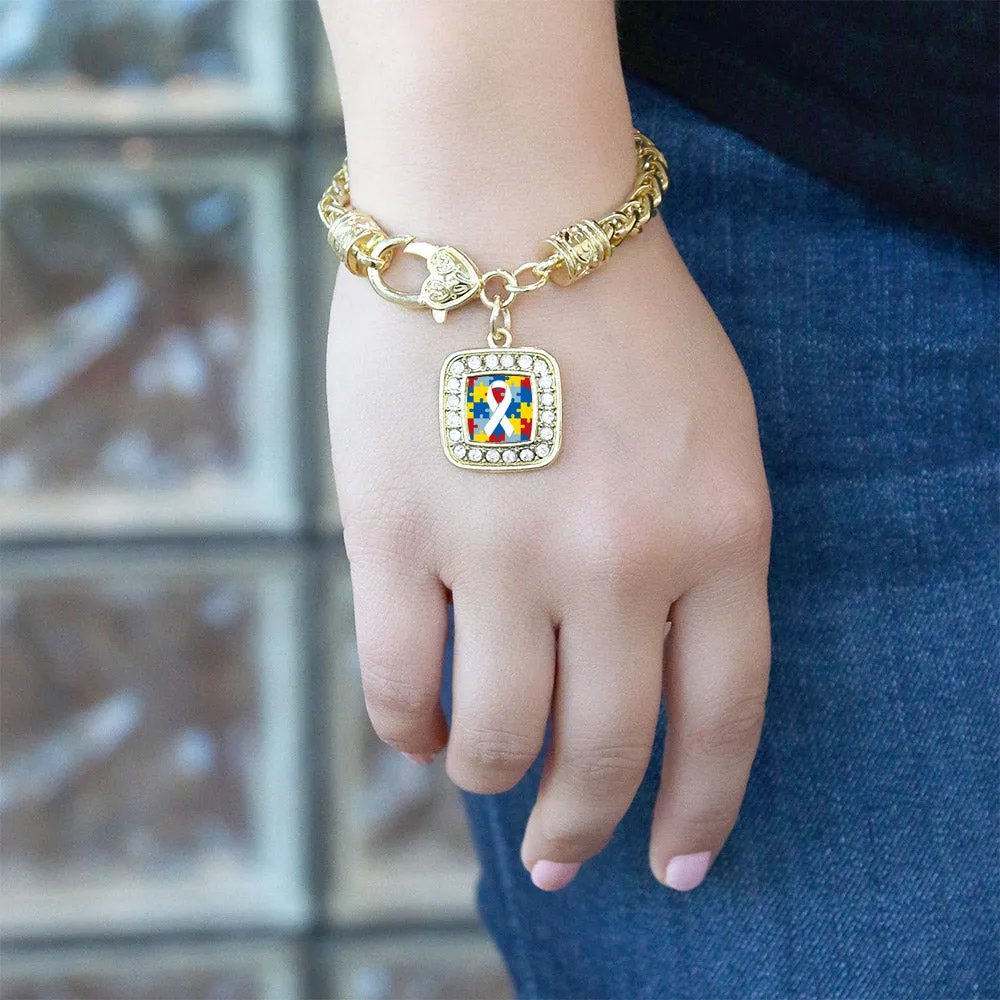 Gold Autism Jigsaw Puzzle Square Charm Braided Bracelet