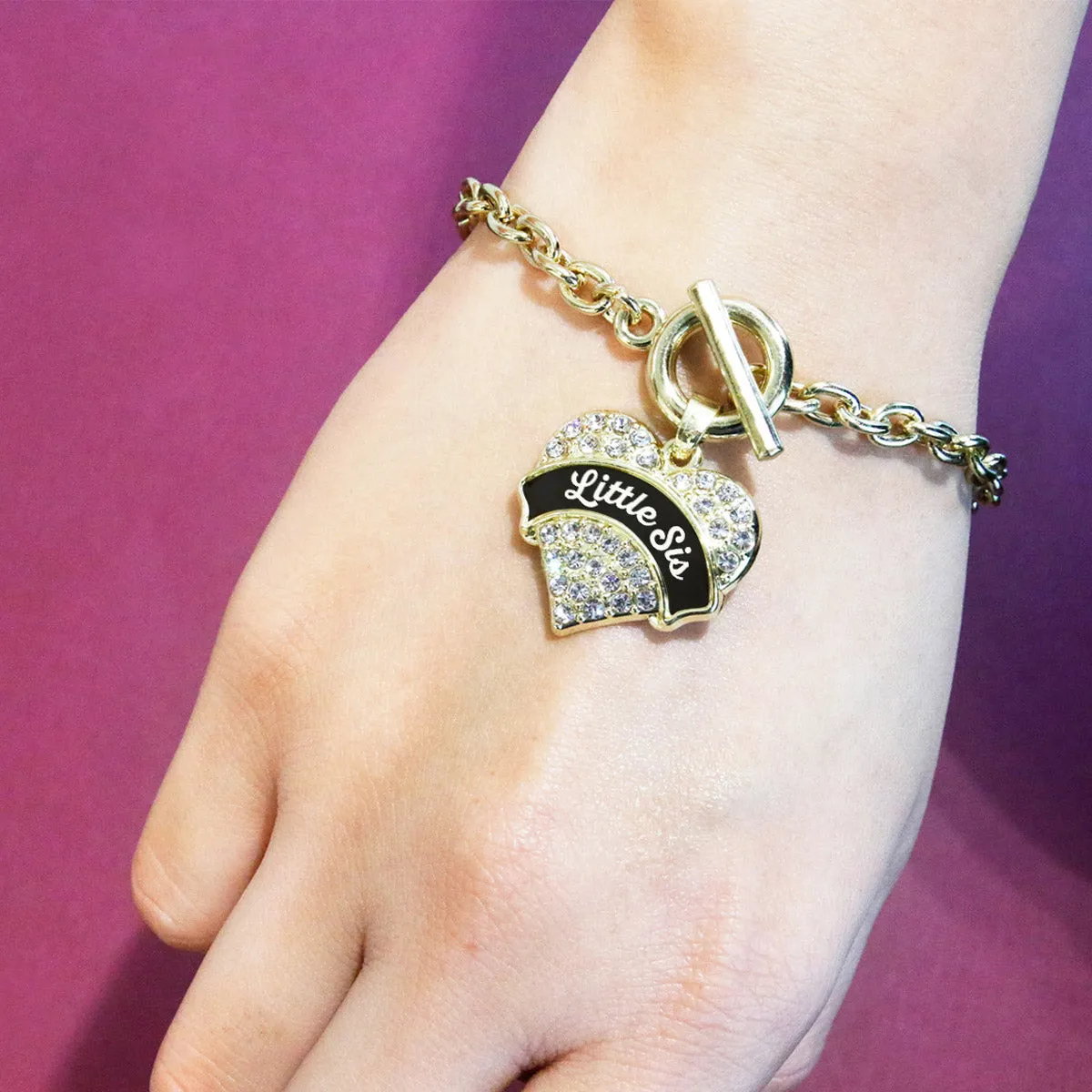 Gold Black and White Little Sister Pave Heart Charm Toggle Bracelet