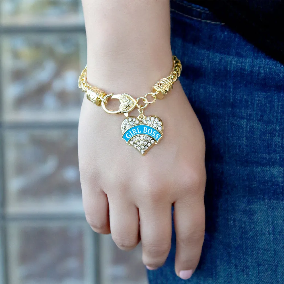 Gold Blue Girl Boss Pave Heart Charm Braided Bracelet