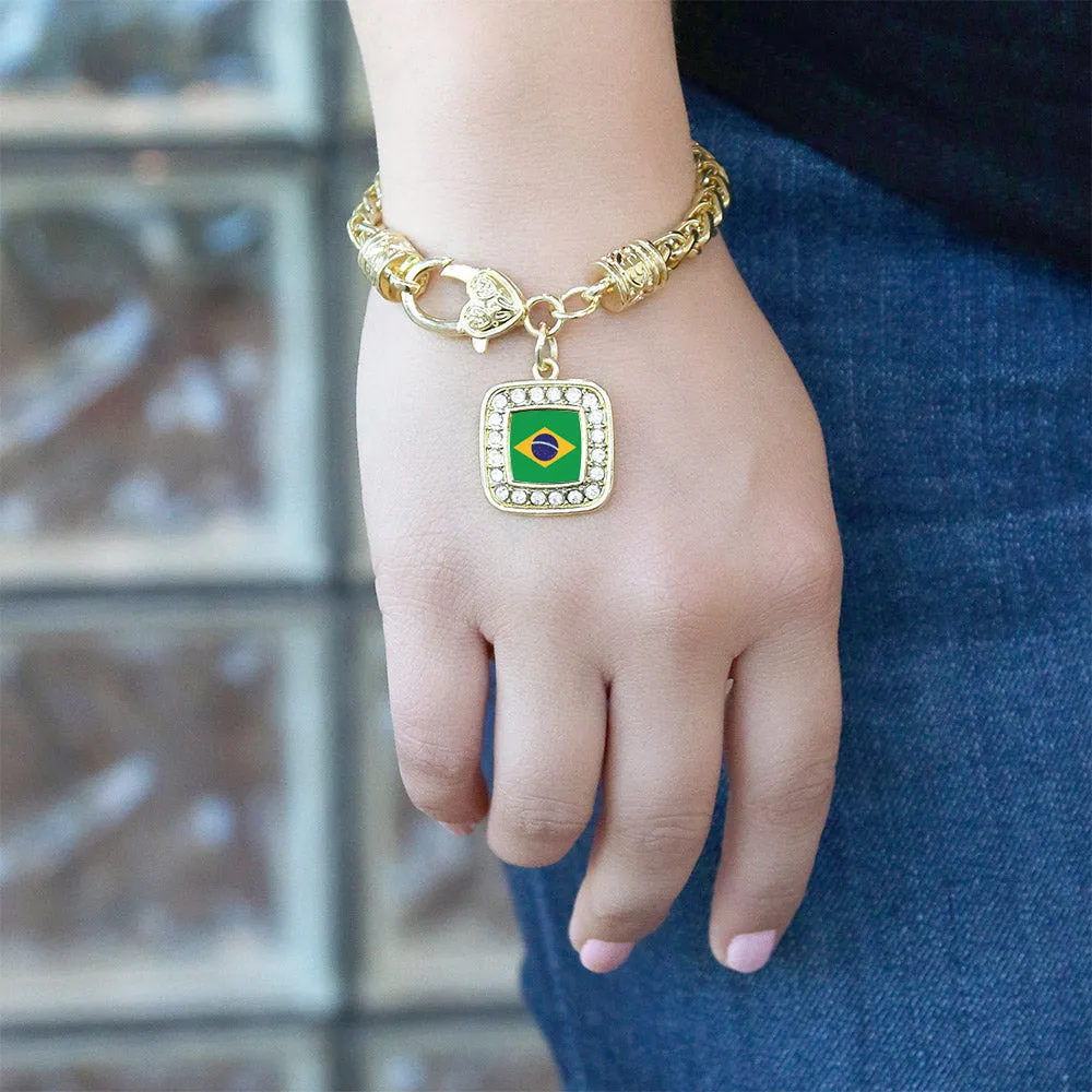 Gold Brazilian Flag Square Charm Braided Bracelet