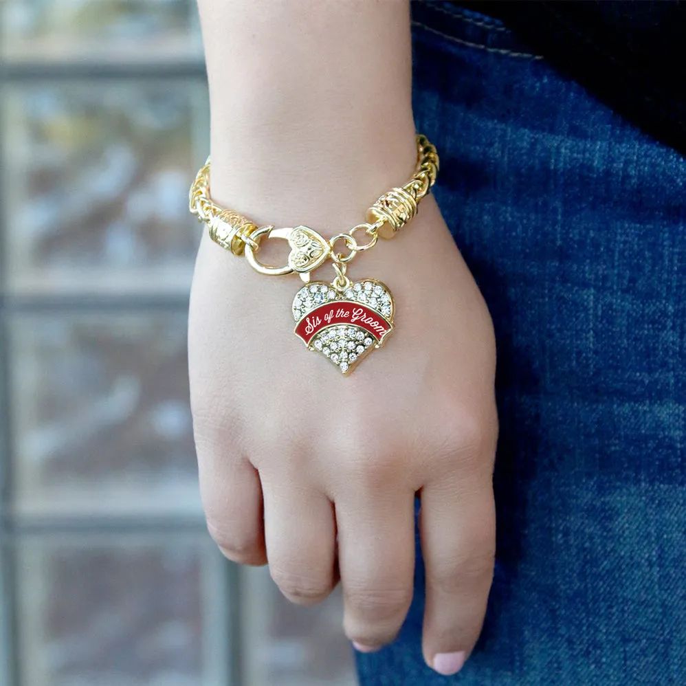 Gold Crimson Red Sis of the Groom Pave Heart Charm Braided Bracelet