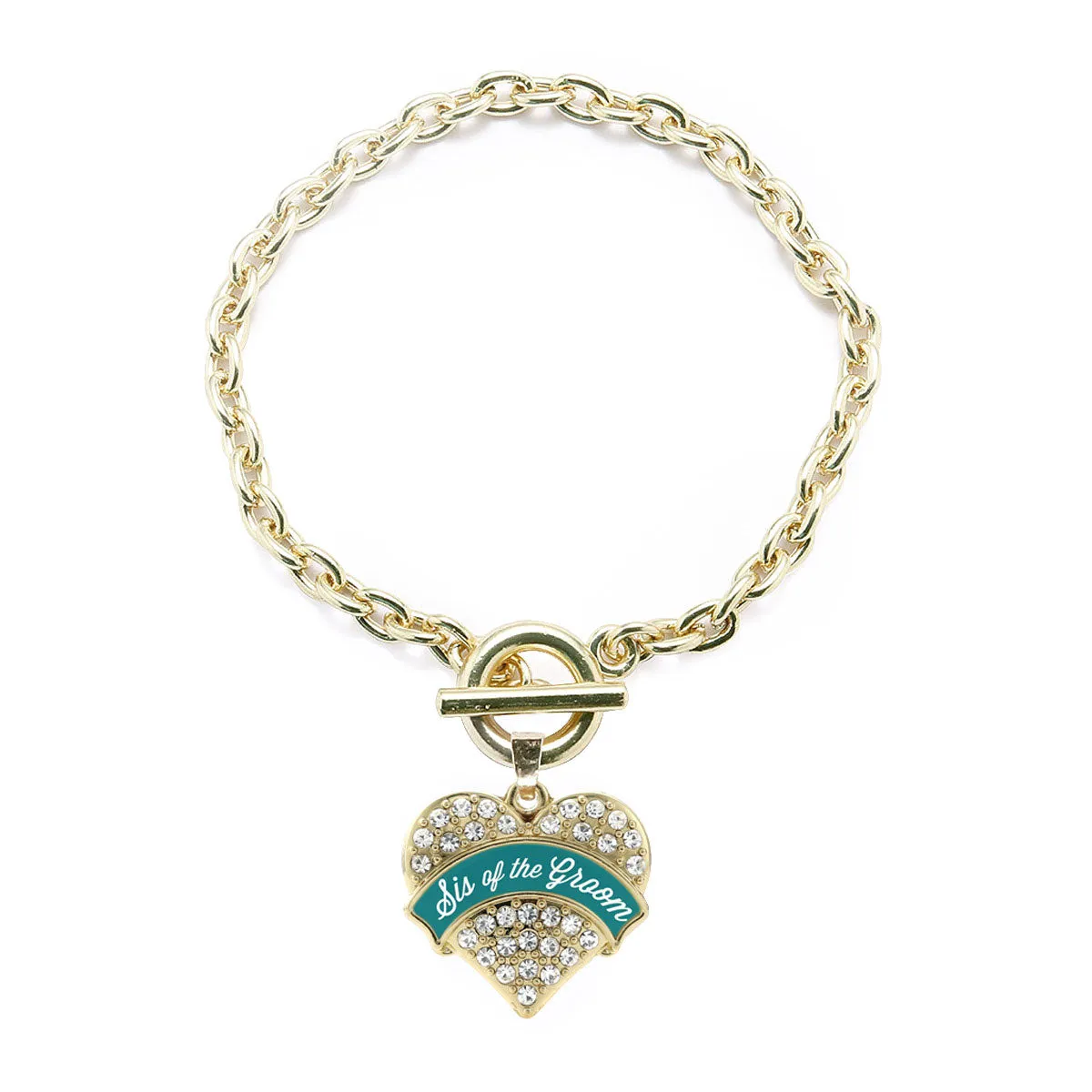 Gold Dark Teal Sis of Groom Pave Heart Charm Toggle Bracelet