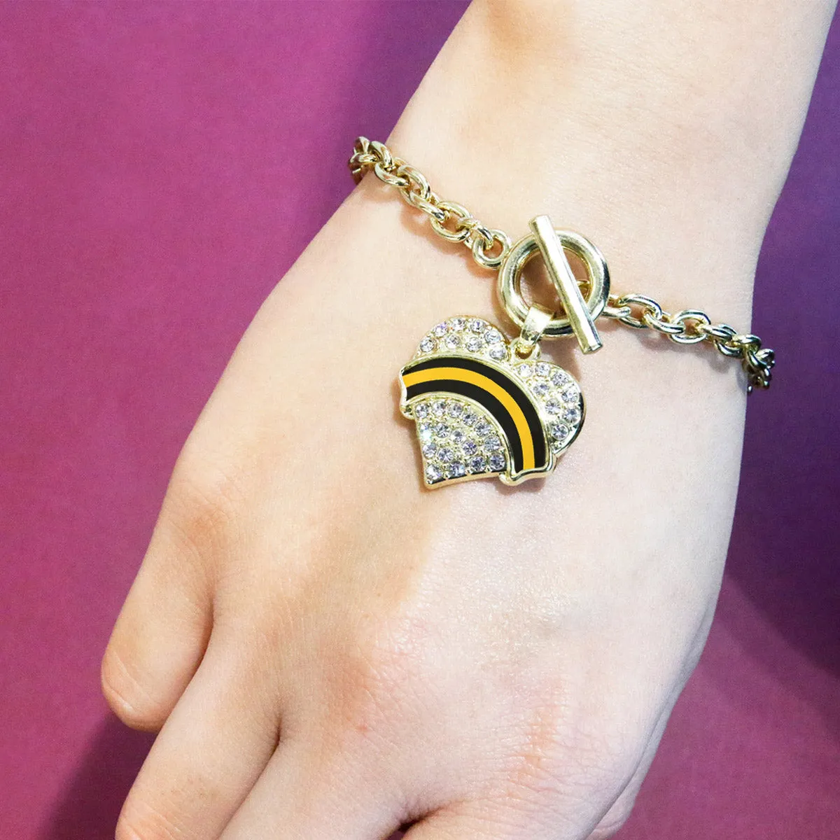 Gold Dispatcher Support Pave Heart Charm Toggle Bracelet