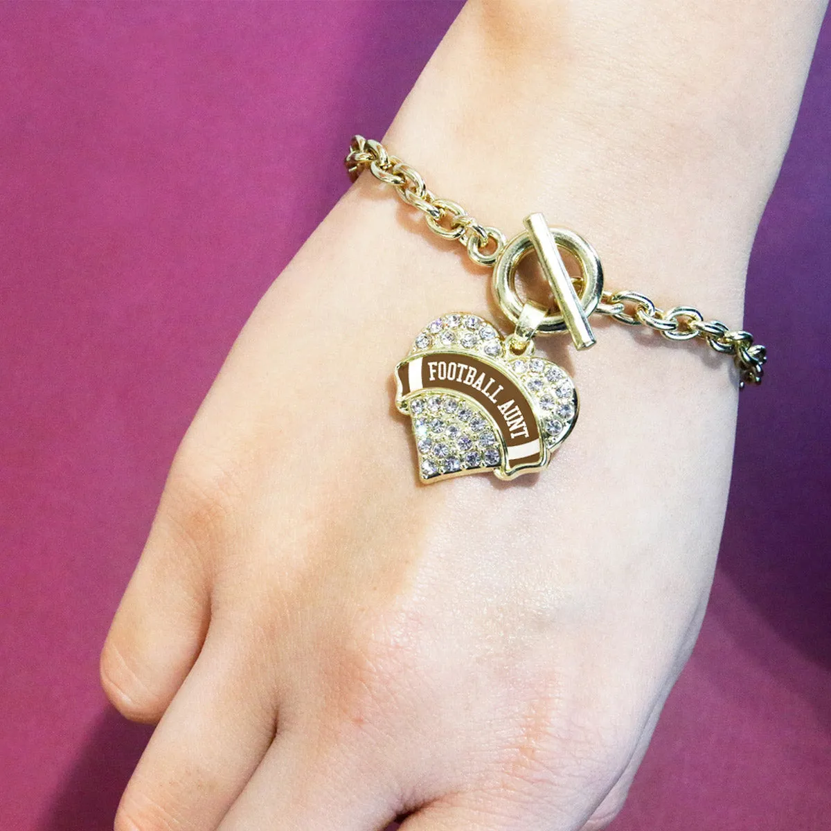 Gold Football Aunt Design Pave Heart Charm Toggle Bracelet