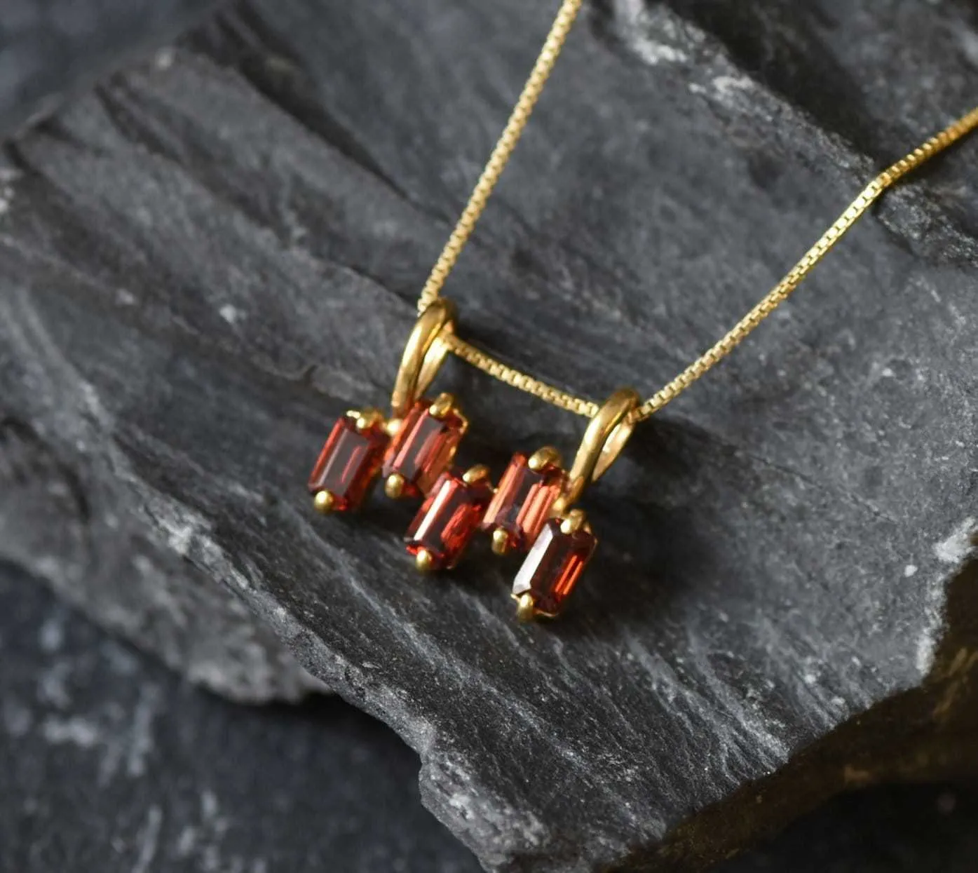 Gold Garnet Pendant - Natural Garnet Necklace, Baguette Garnet Necklace