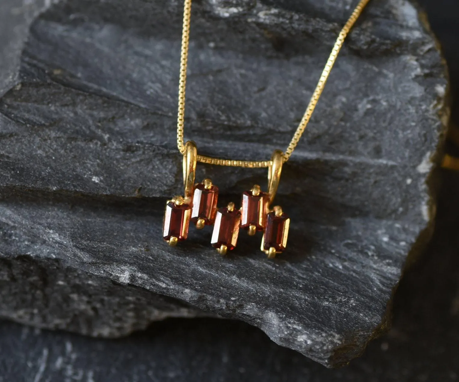 Gold Garnet Pendant - Natural Garnet Necklace, Baguette Garnet Necklace