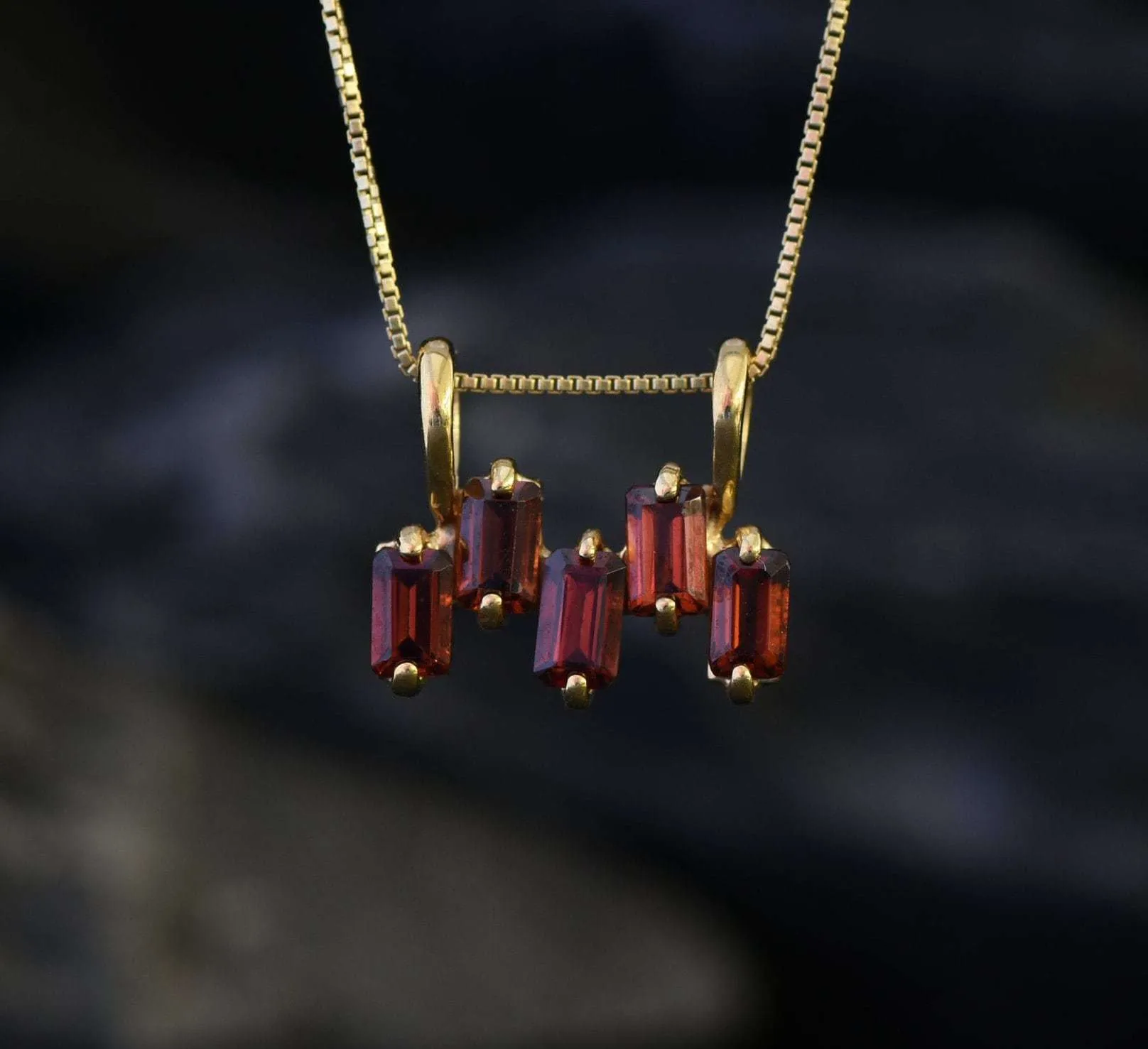Gold Garnet Pendant - Natural Garnet Necklace, Baguette Garnet Necklace