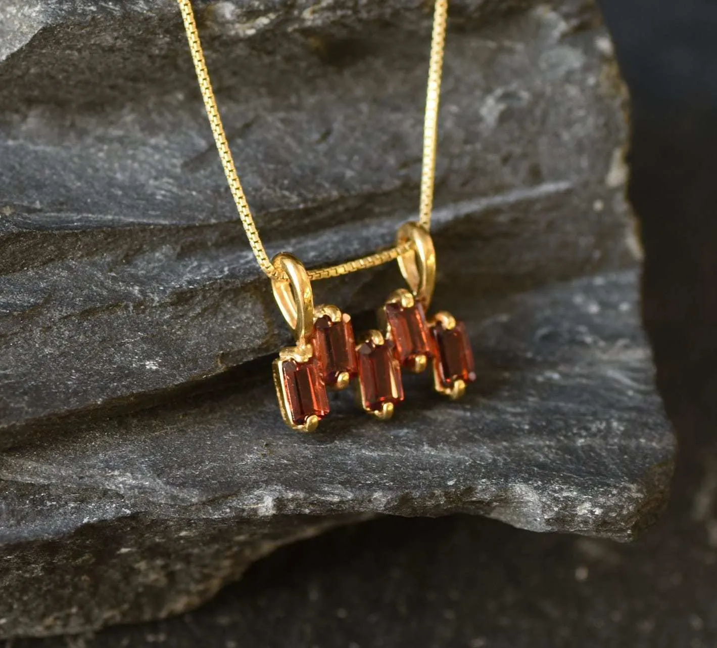 Gold Garnet Pendant - Natural Garnet Necklace, Baguette Garnet Necklace