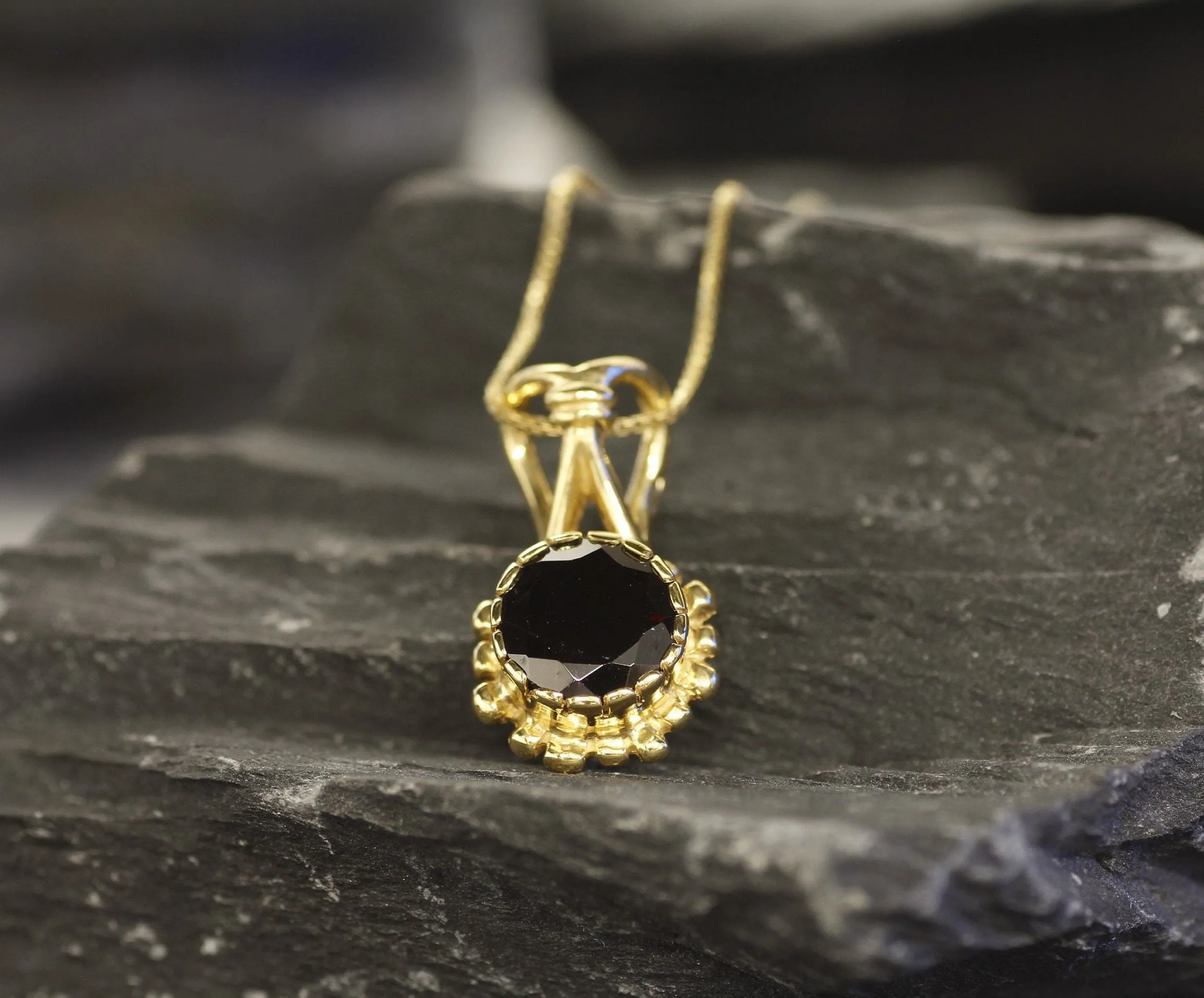 Gold Garnet Pendant - Natural Garnet Necklace, Round Garnet Pendant