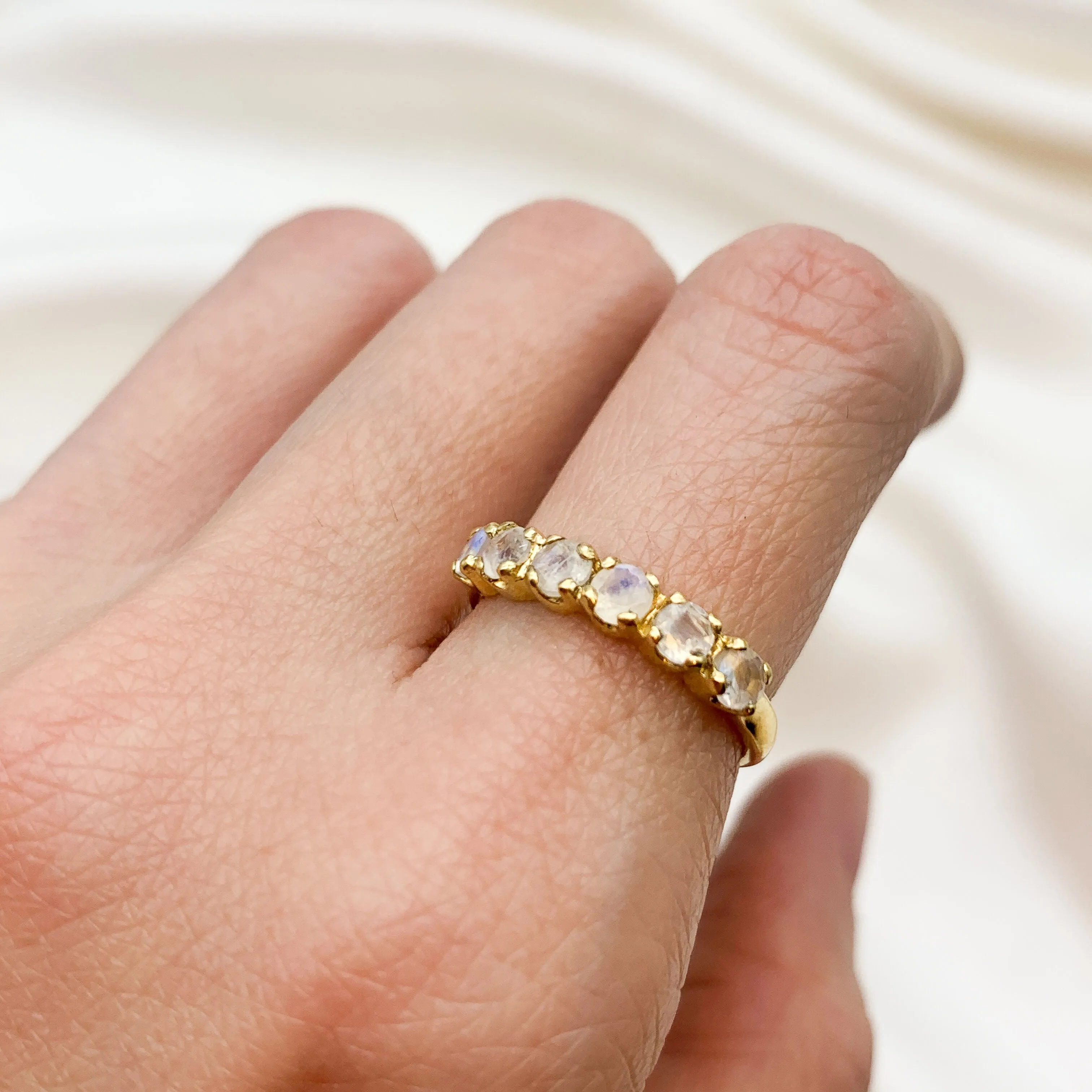 Gold Moonstone Band - Natural Moonstone Ring, Half Eternity Rainbow Moonstone Ring