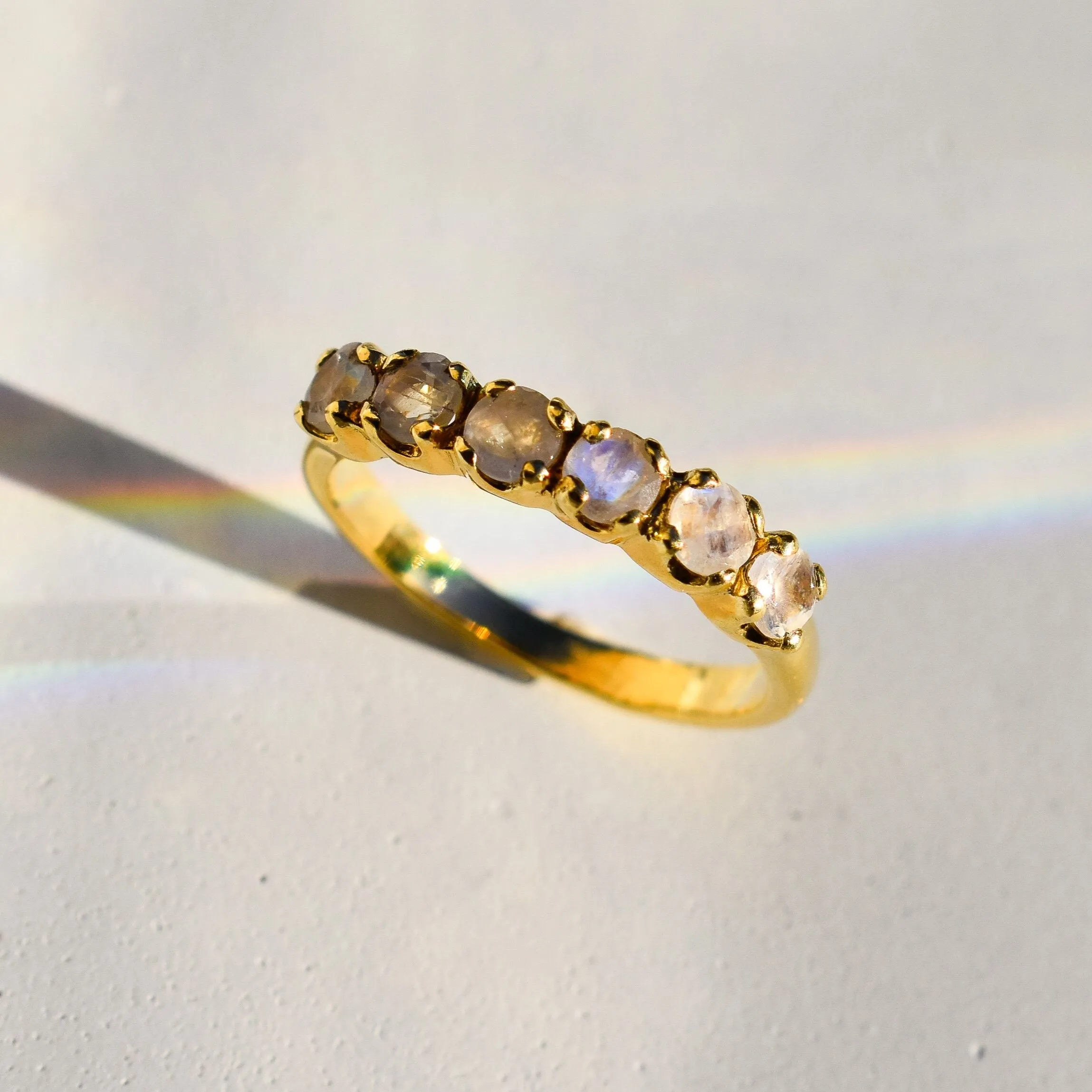 Gold Moonstone Band - Natural Moonstone Ring, Half Eternity Rainbow Moonstone Ring