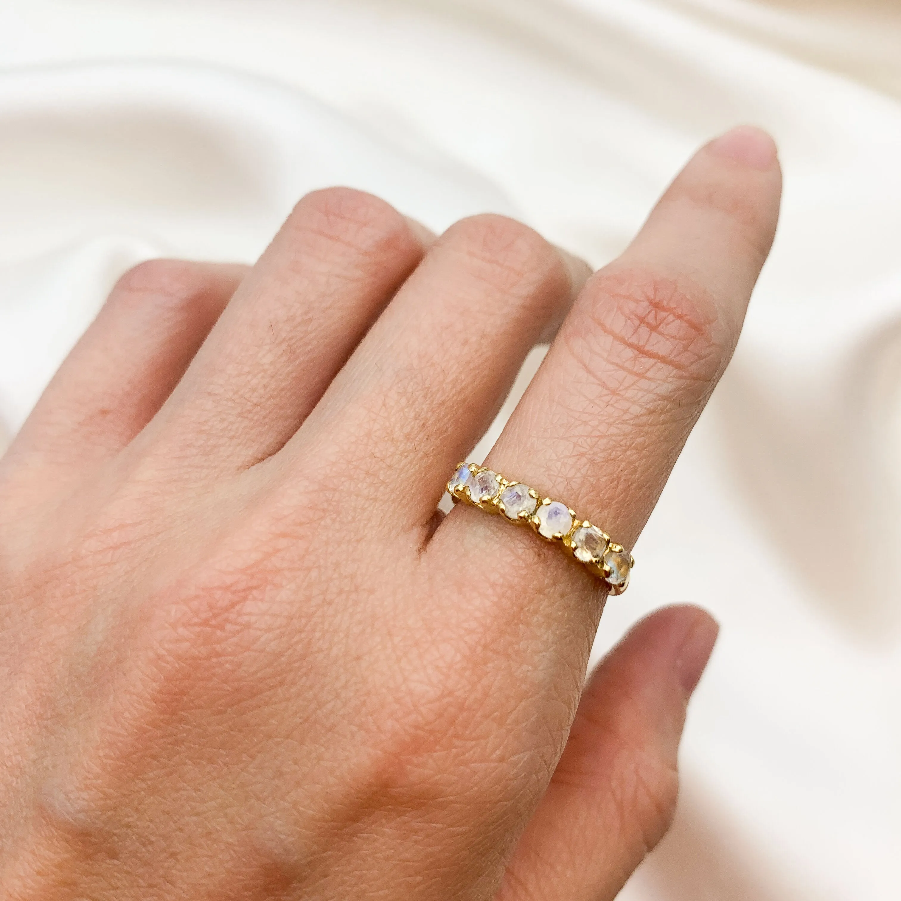 Gold Moonstone Band - Natural Moonstone Ring, Half Eternity Rainbow Moonstone Ring