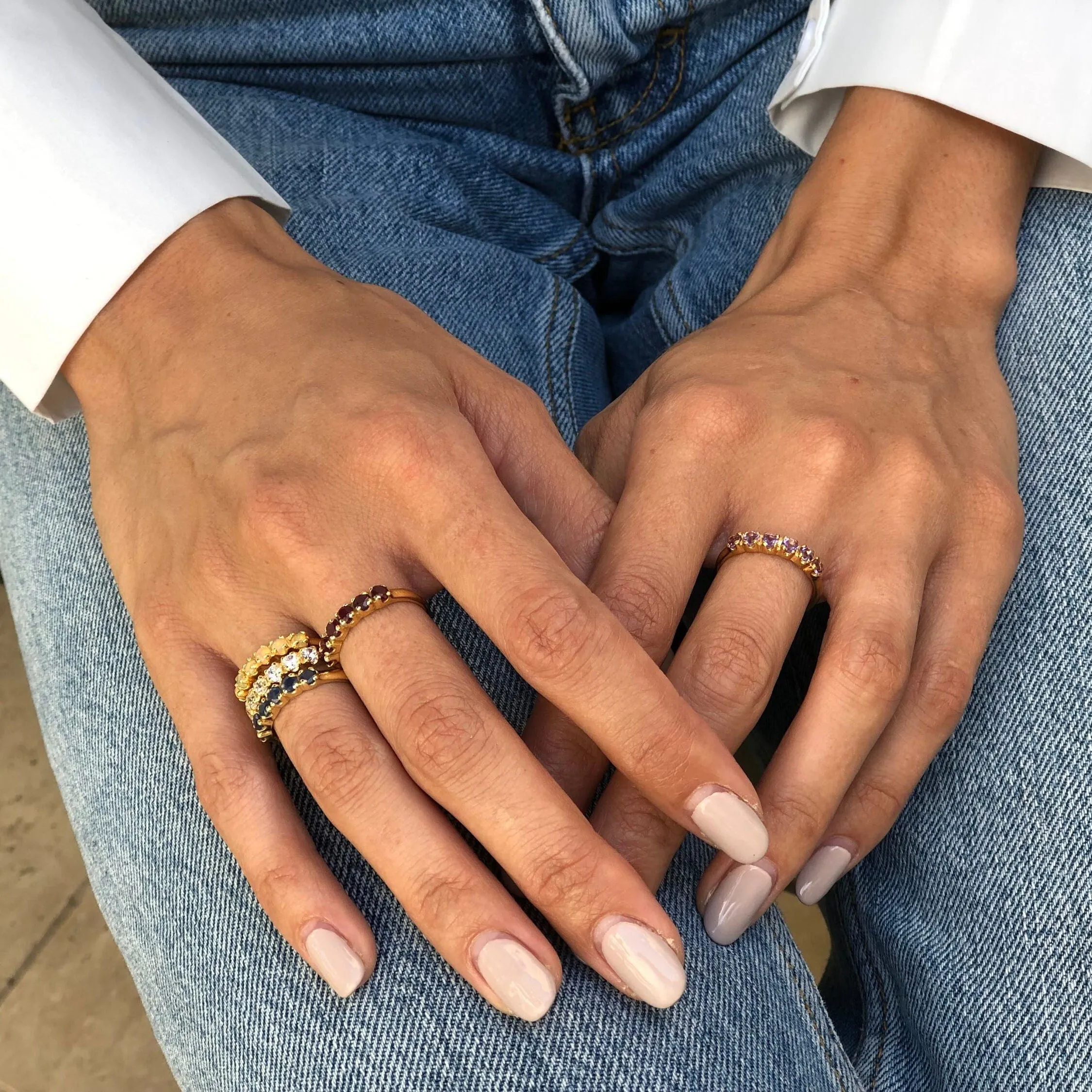 Gold Moonstone Band - Natural Moonstone Ring, Half Eternity Rainbow Moonstone Ring