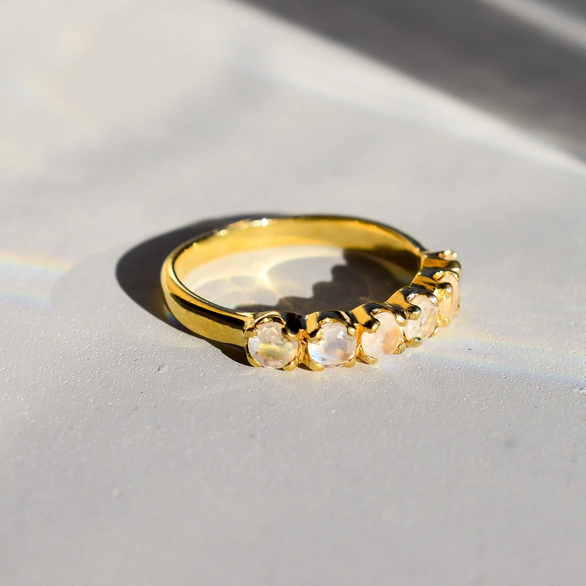 Gold Moonstone Band - Natural Moonstone Ring, Half Eternity Rainbow Moonstone Ring