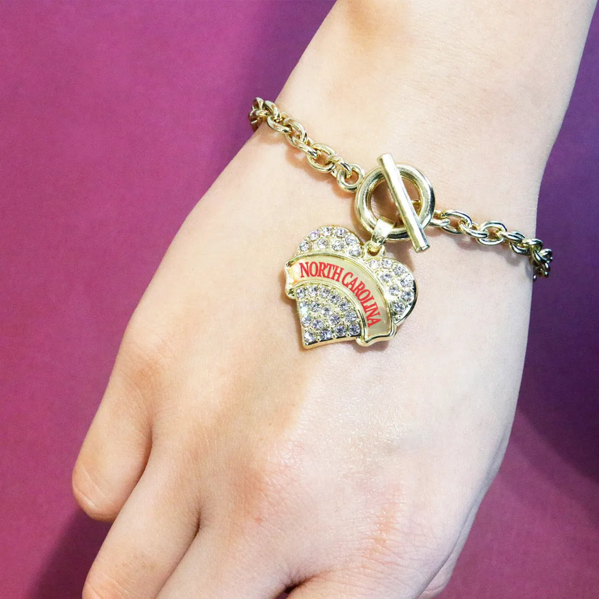 Gold North Carolina Pave Heart Charm Toggle Bracelet