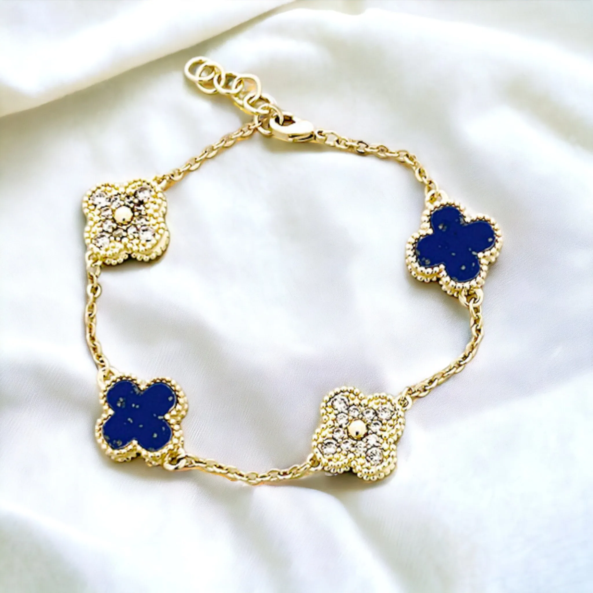 Gold or Silver Clover Bracelet with Pave CZ