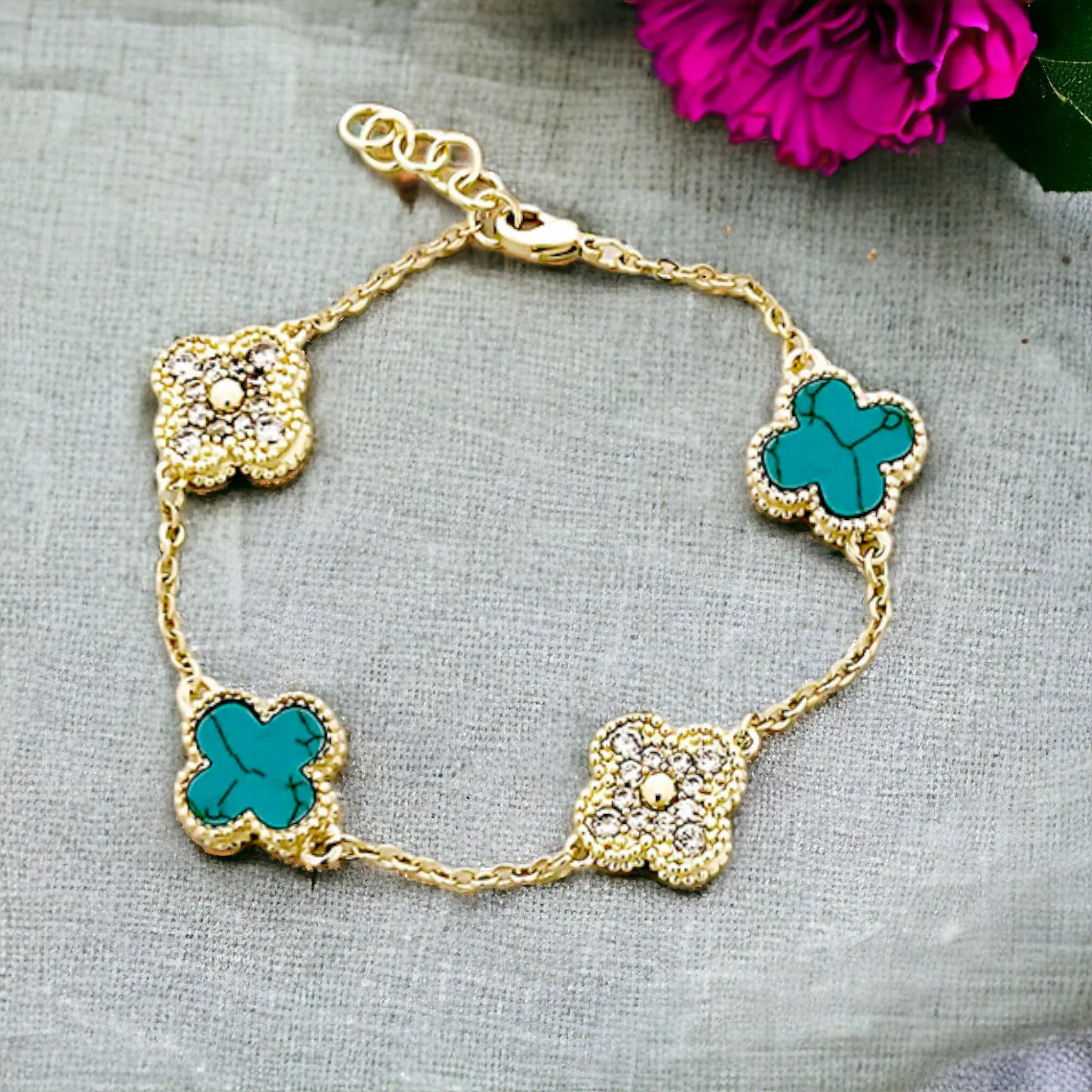 Gold or Silver Clover Bracelet with Pave CZ