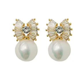 Gold Pearl Sparkler Statement Bow Earrings