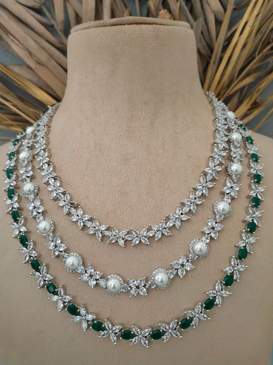 Green Color Silver Plated Faux Diamond Necklace Set - CZSET217GR