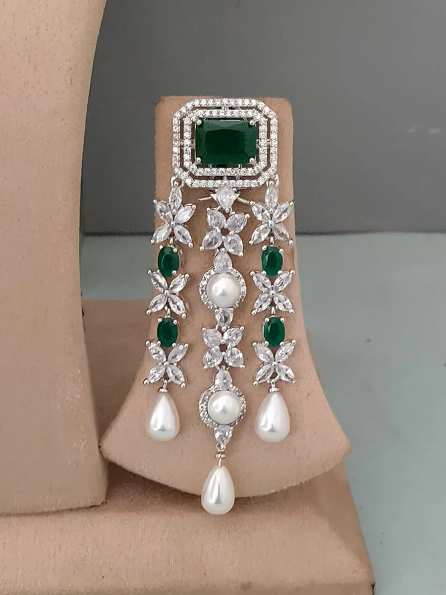 Green Color Silver Plated Faux Diamond Necklace Set - CZSET217GR