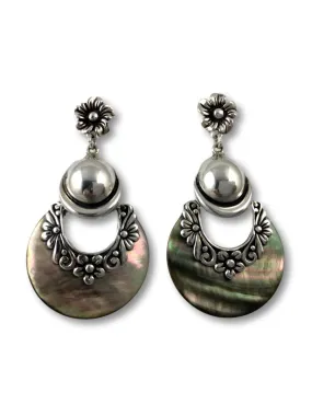 Half-moon Abalone Shell Earrings with Sterling Silver Flower Details