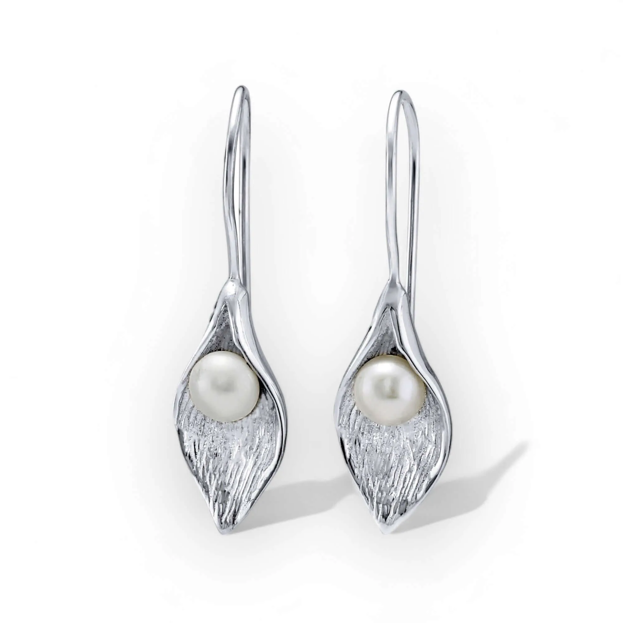 Hand Crafted Calla Lily in Sterling Silver & Freshwater Pearl Earrings