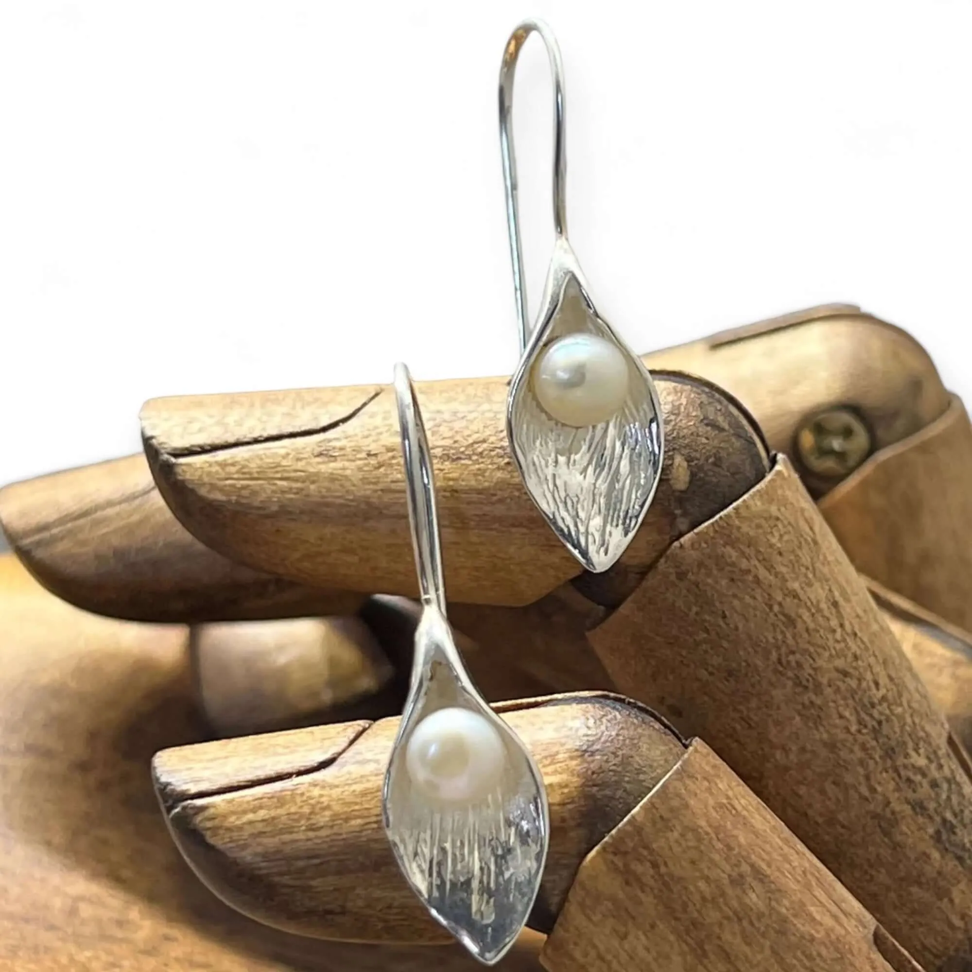 Hand Crafted Calla Lily in Sterling Silver & Freshwater Pearl Earrings