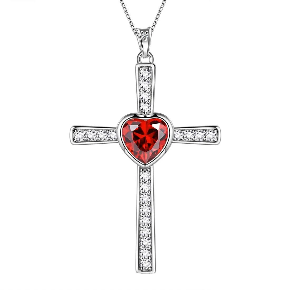 Heart Birthstone January Garnet Cross Necklace Pendant Women Girls Jewelry Birthday Gift