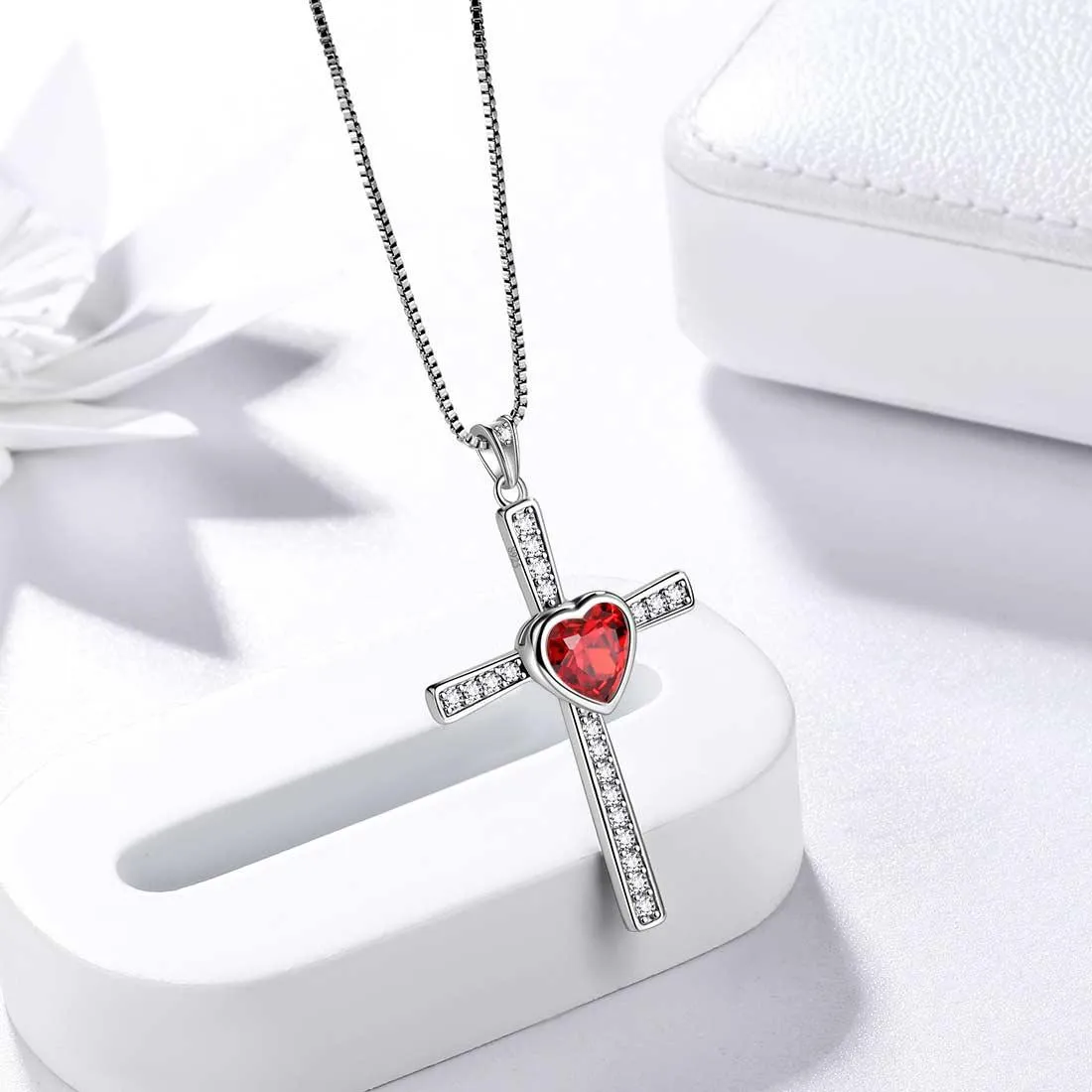 Heart Birthstone January Garnet Cross Necklace Pendant Women Girls Jewelry Birthday Gift
