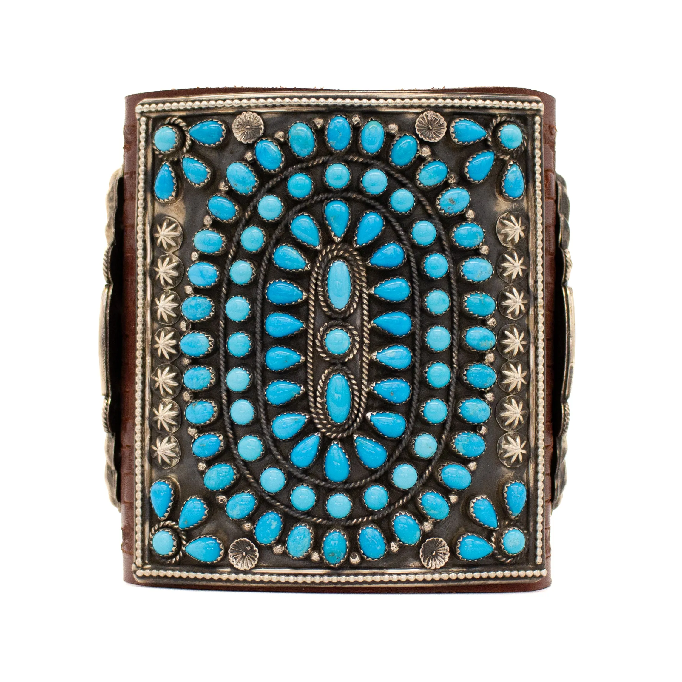 Hemerson Brown Navajo Handmade Sterling Silver Sleeping Beauty Turquoise Leather Bow Guard
