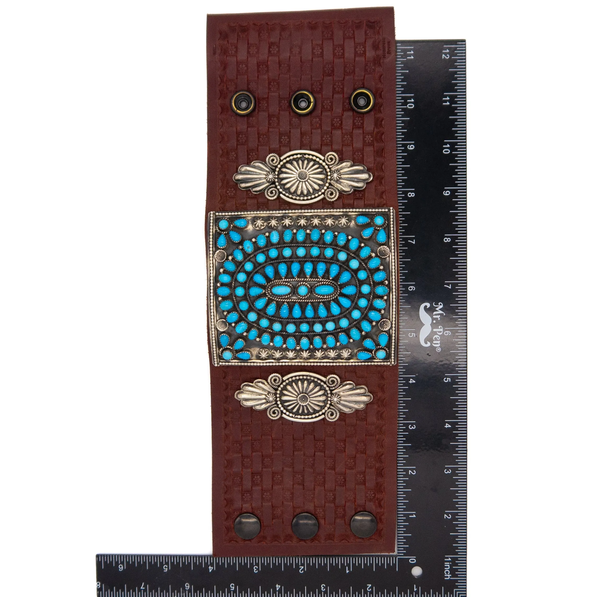 Hemerson Brown Navajo Handmade Sterling Silver Sleeping Beauty Turquoise Leather Bow Guard