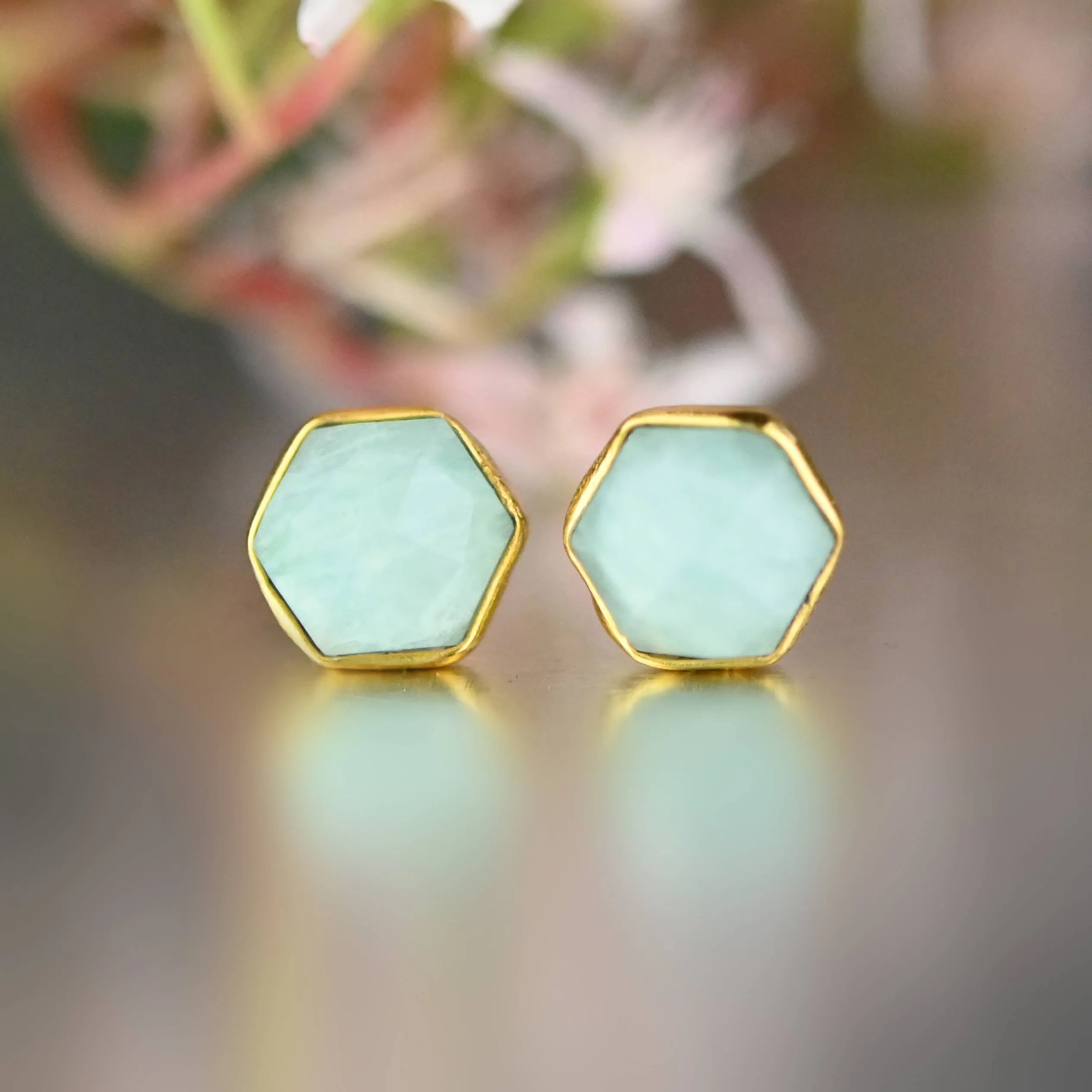 Hexagon Gemstone Studs (Amazonite)