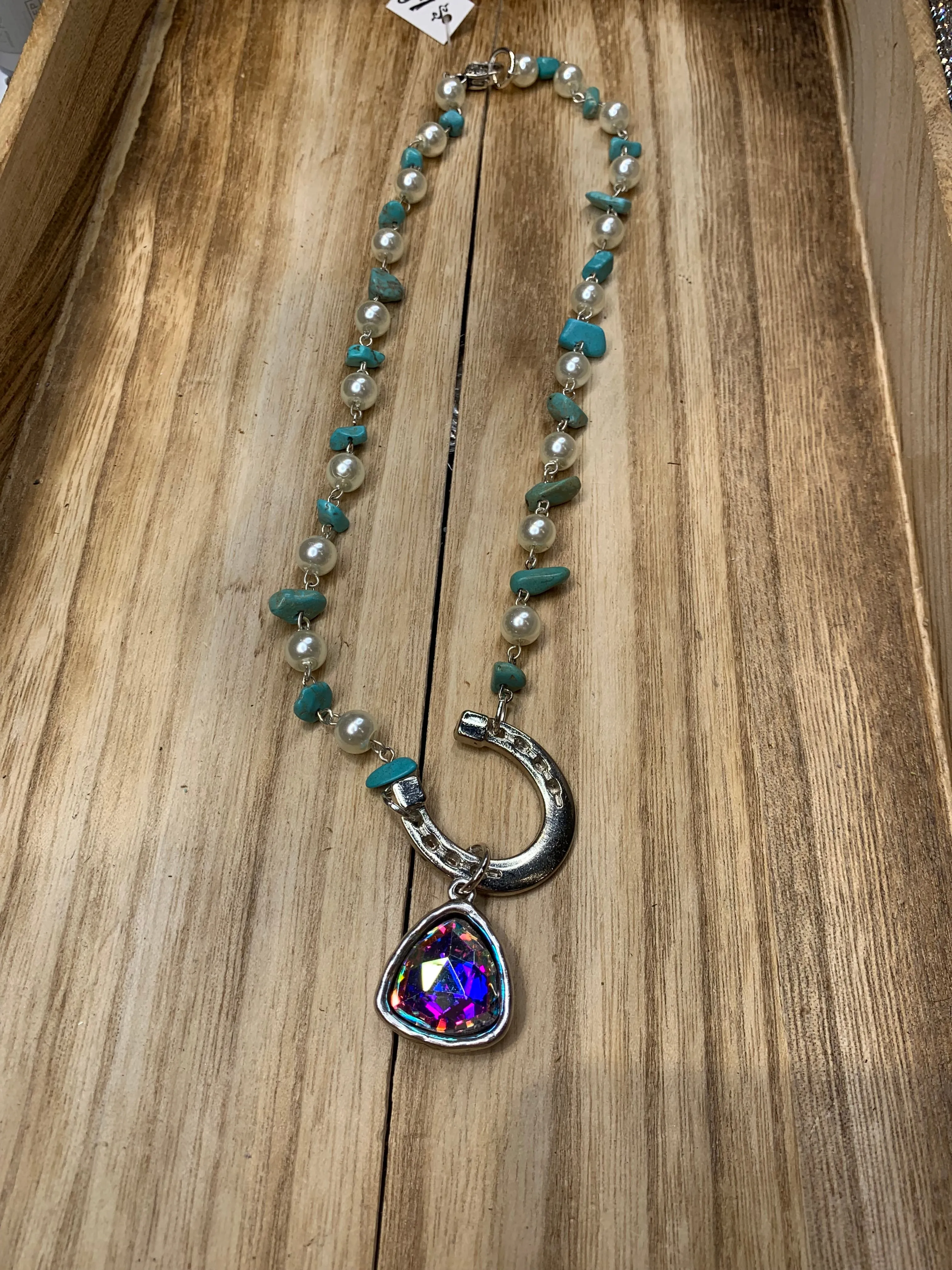 Horseshoe Charm Necklace - Pearl Mix