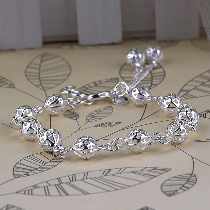Hot Fashion Women Silver plated Hollow Out Ball Wristlet Bracelets Women Bracelets Pure Silver Jewelry