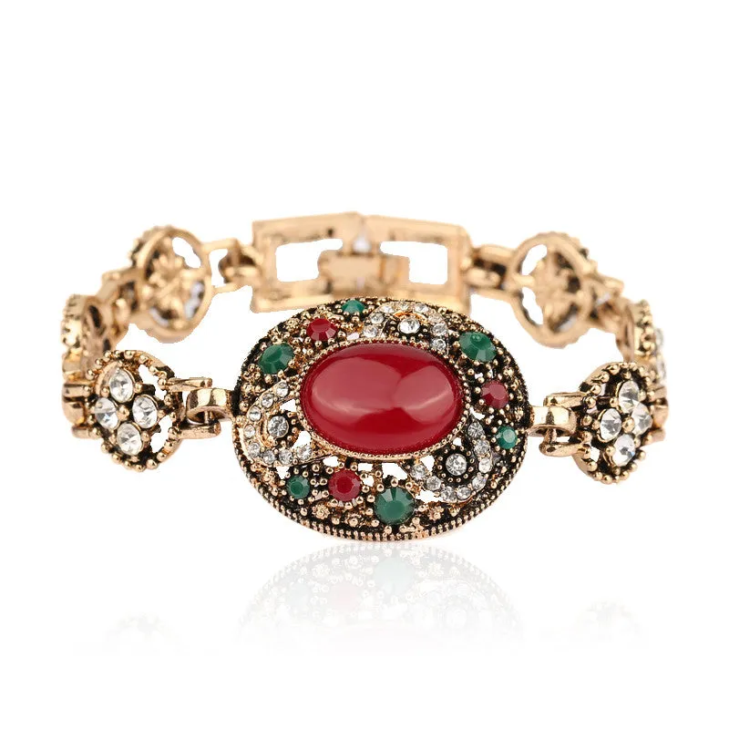 Hot Red Circular Turquoise Bohemia Style Rhinestone Bangles Wedding Jewelry Bracelets For Women