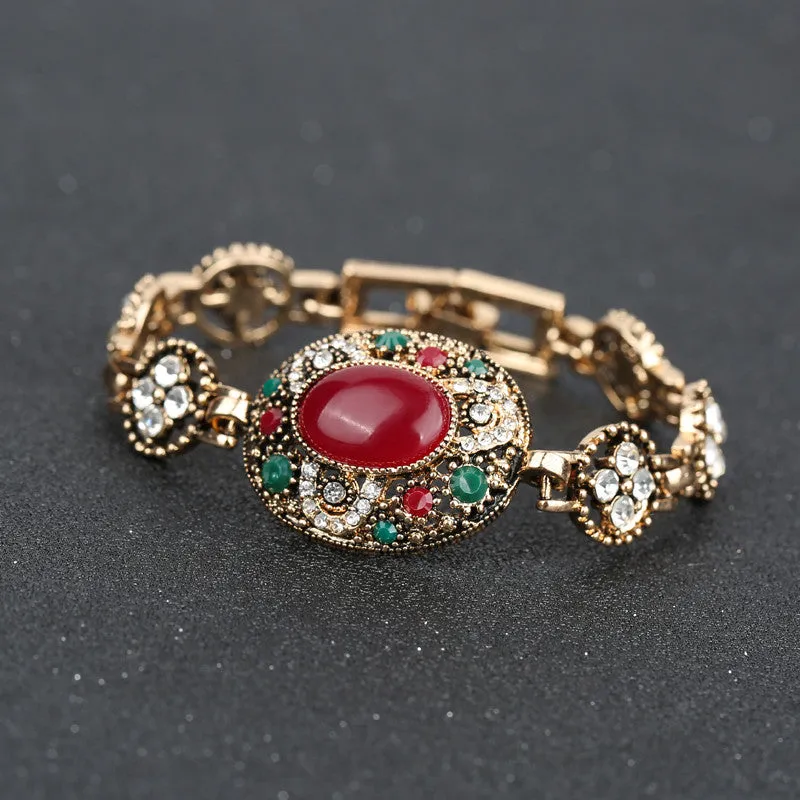 Hot Red Circular Turquoise Bohemia Style Rhinestone Bangles Wedding Jewelry Bracelets For Women